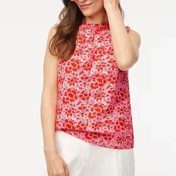 J. Crew Printed Linen-Blend Ruffleneck Top in Azalea Belvedere Red M - Picture 1 of 12